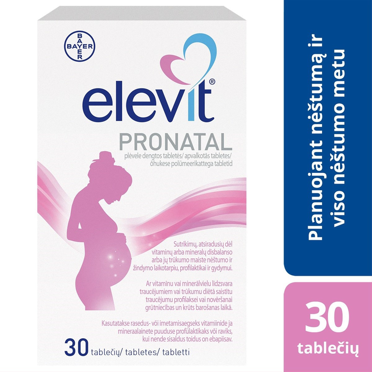 elevit PRONATAL 3600 TV/1,55 mg/1,8 mg/2,6 mg/4 µg/100 mg/500 TV/15 TV/10 mg/0,2 mg/19 mg/0,8 mg/125 mg/60 mg/100 mg/1 mg/1 mg/125 mg/7,5 mg pakuotė