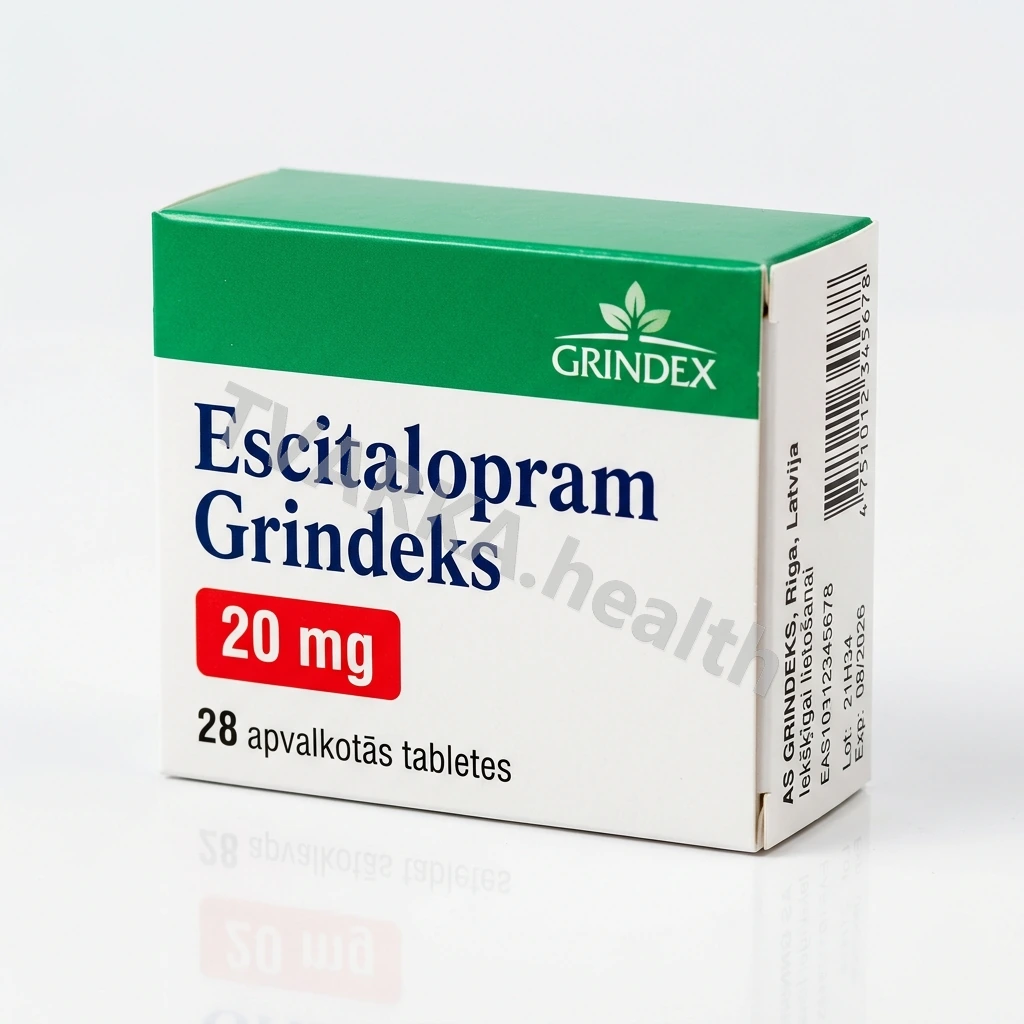 Escitalopram Grindeks 20 mg – pakuotės iliustracija